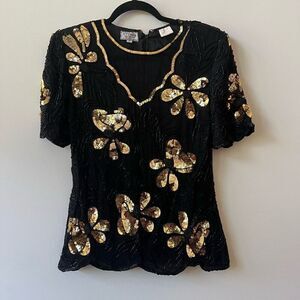 Stenay Women's Black & Gold Floral Sequin Beaded Short Sleeve Blouse Size Small